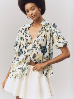 Anthropologie Floral Puff-Sleeve Button Blouse in Green and Blue
